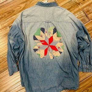 Custom quilted patch denim shirt with shamrock
